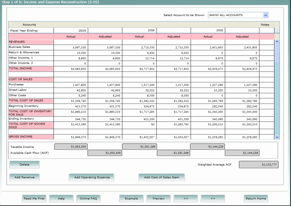 Income and Expense Reconstruction (s-58)