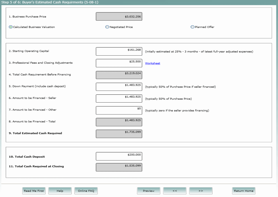 Buyer's Estimated Cash Requirements (s-61A)